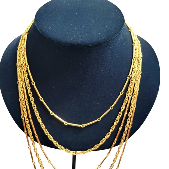 Vintage Alternating Bar and Chain Link Multi Strand Graduated Gold Tone Necklace
